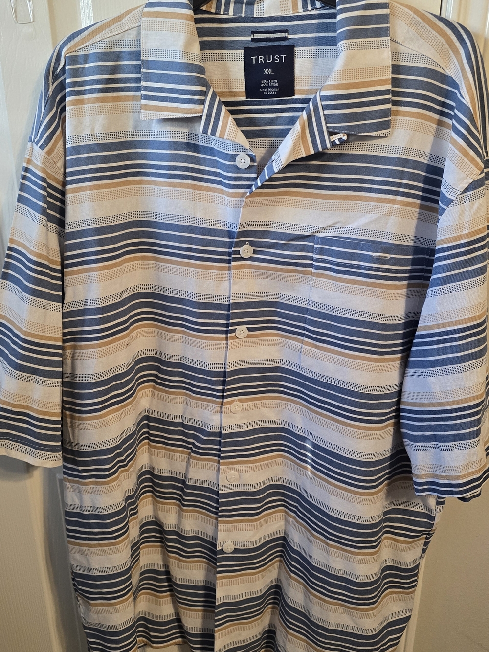 TRUST Linen Blend Shirt Men XXL Blue Yellow Striped Short Sleeve Button Up 2XL